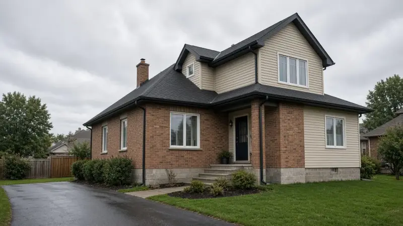 Ontario house after rain — roof, eavestroughs, siding, and foundation, showing where water can get in.